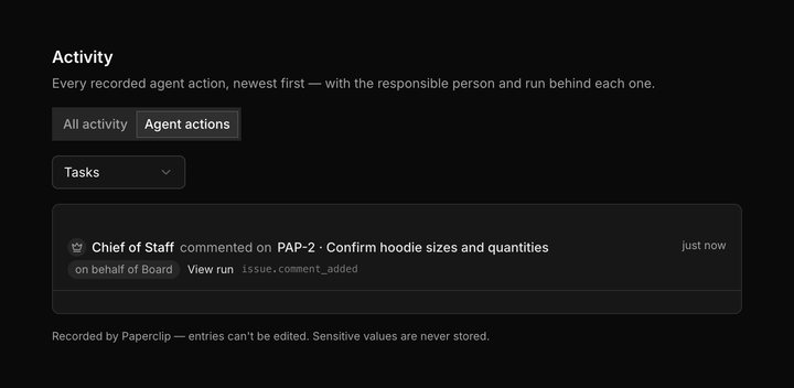 The Activity page showing the Chief of Staff commenting on the task Confirm hoodie sizes and quantities, with the responsible person and originating run.