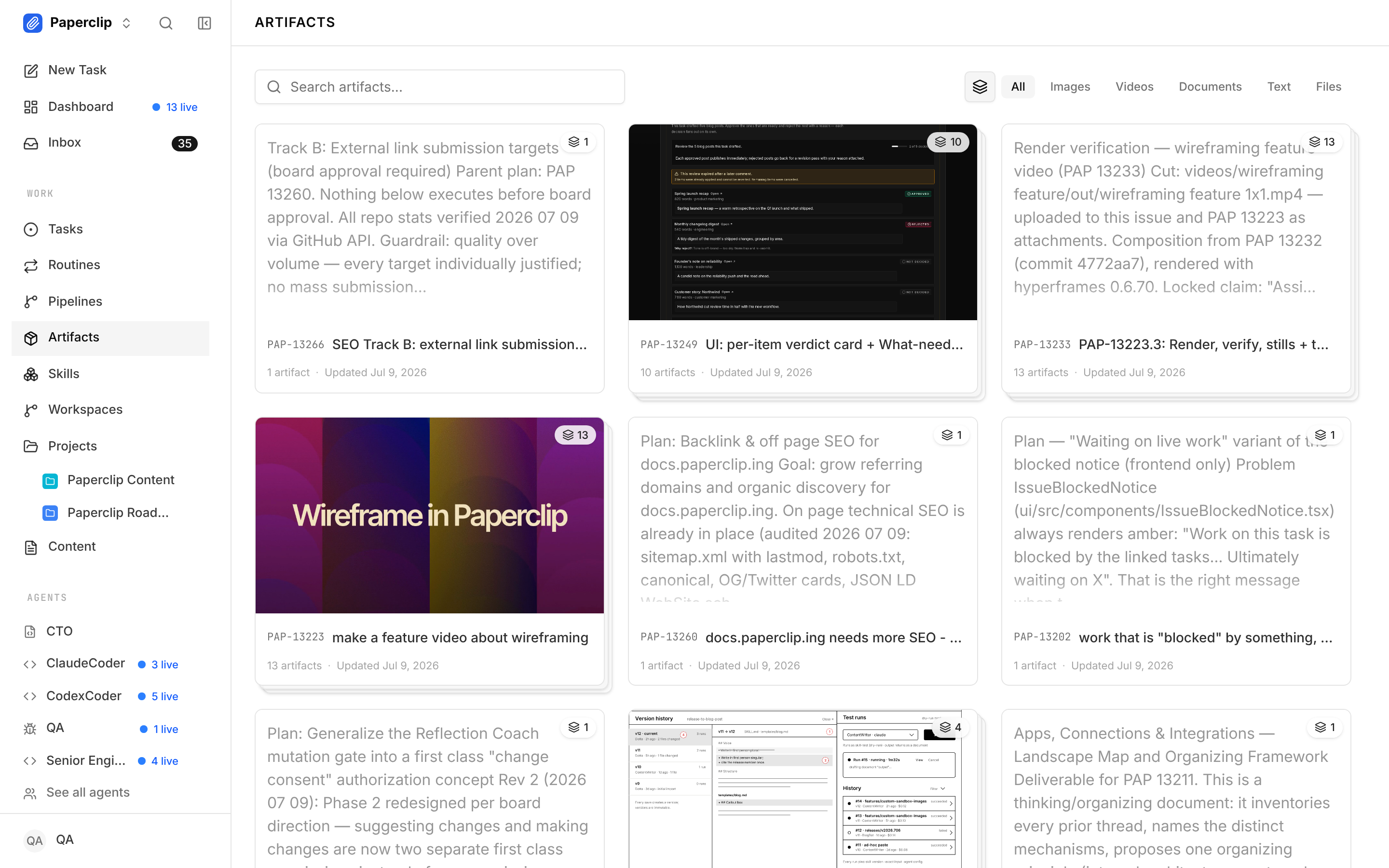 The company Artifacts page: a grid of agent-produced work products across issues — files, video with thumbnails, documents — grouped by task stack, with filters along the top
