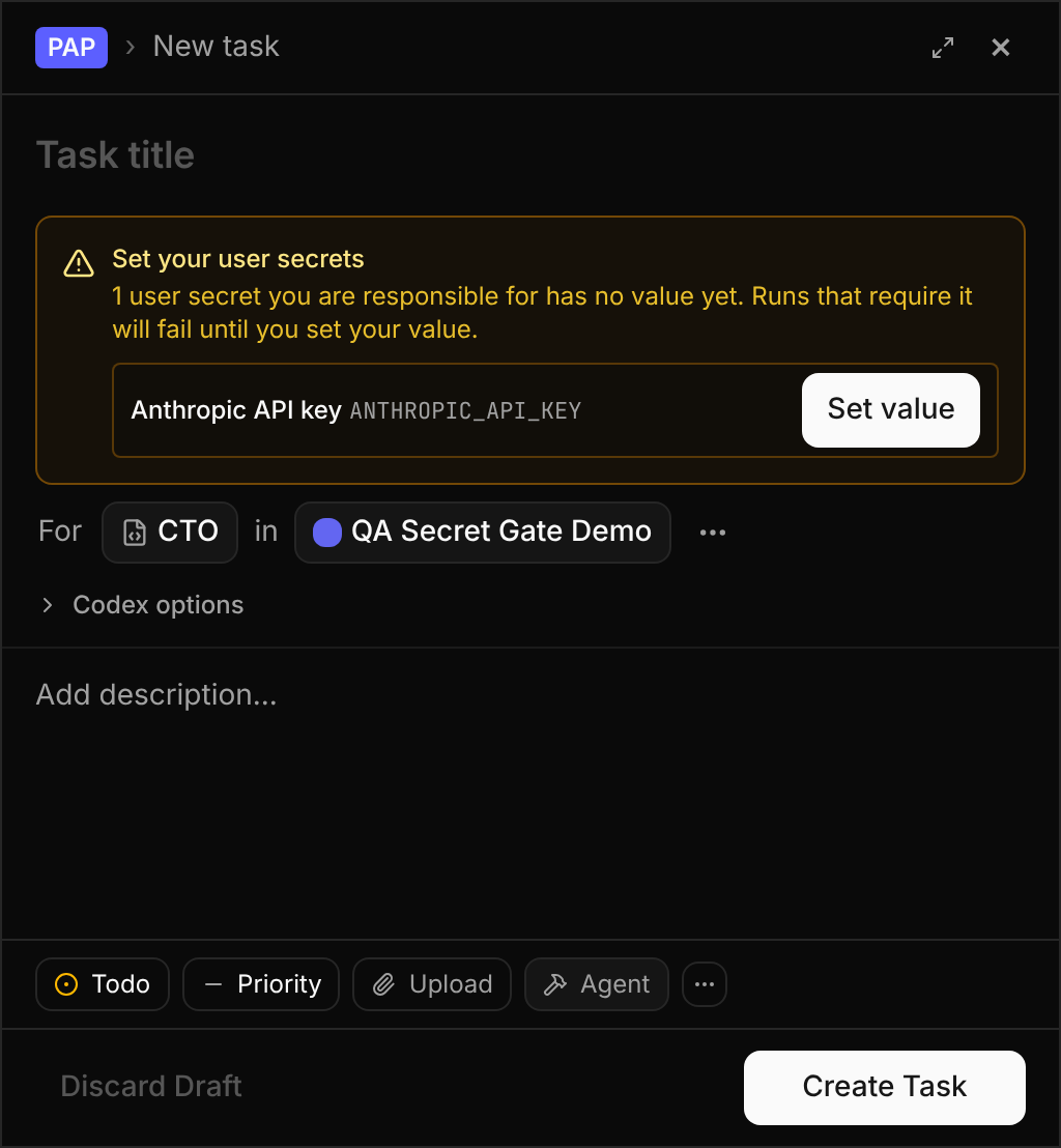 Creating a task while a user secret you're responsible for is unset: the warning names the secret and offers a Set value action