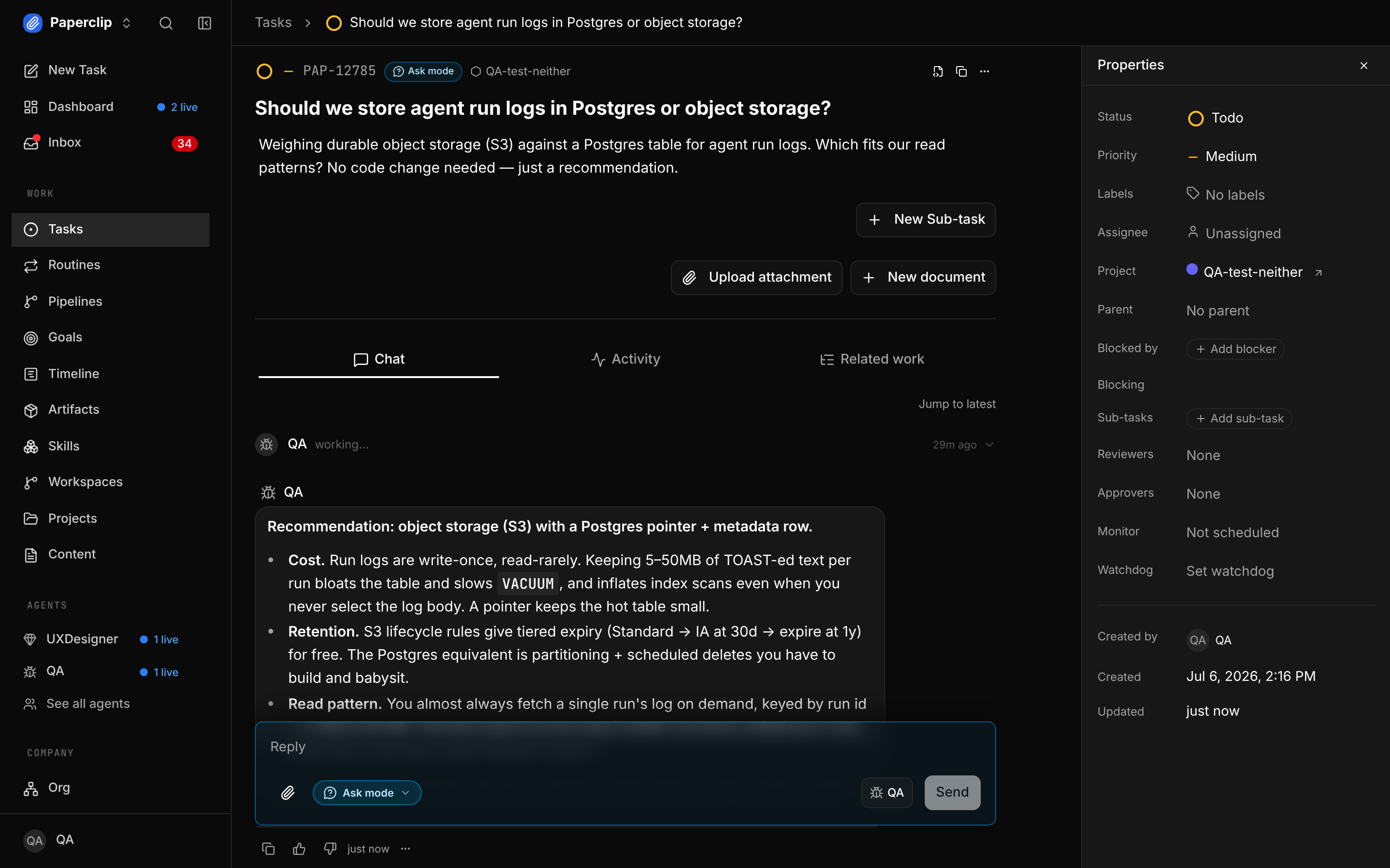 An ask-mode task: the agent answers the question directly in the thread, with no checkout or workspace